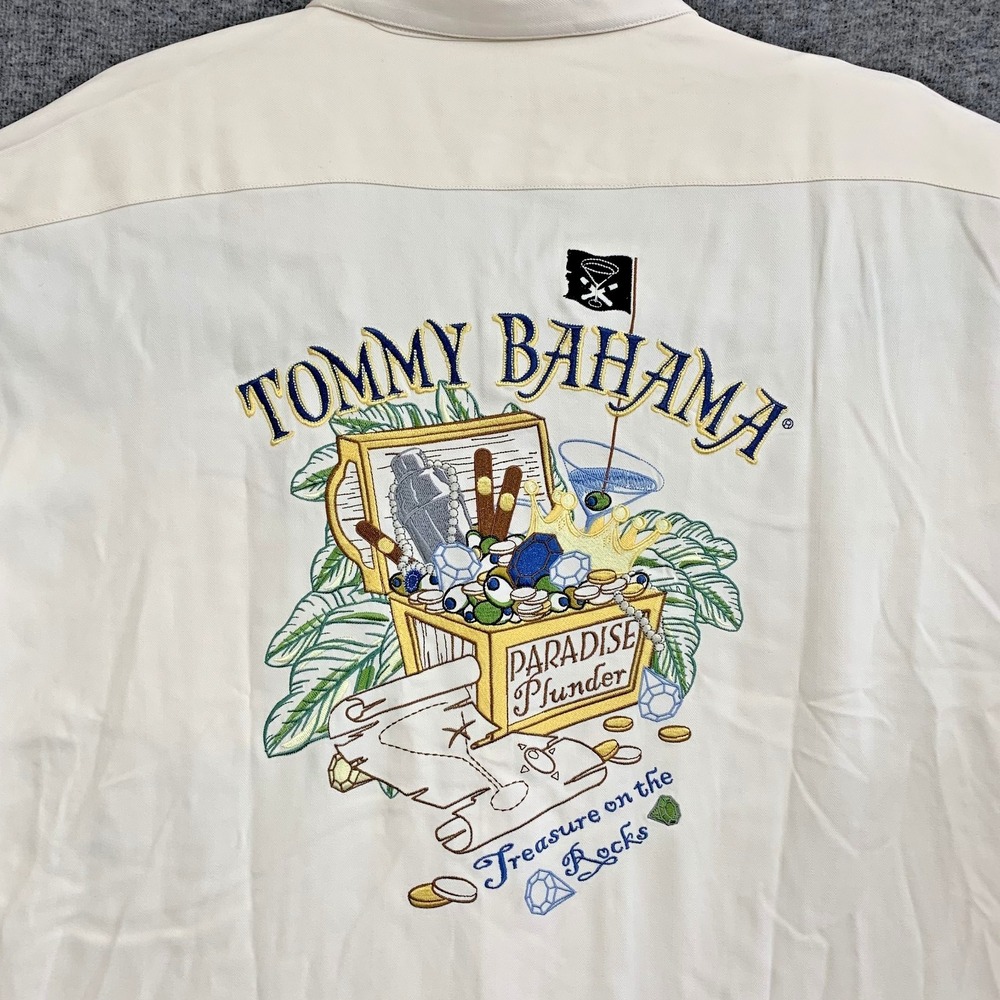 Tommy Bahama Hawaiian Camp Shirt Men XXL 100% Silk Treasure‎ Pirate Embroidered